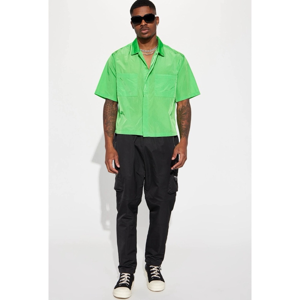 Fashion Nova Green Rain Or Shine Cropped Nylon Button-Up Shirt, XL